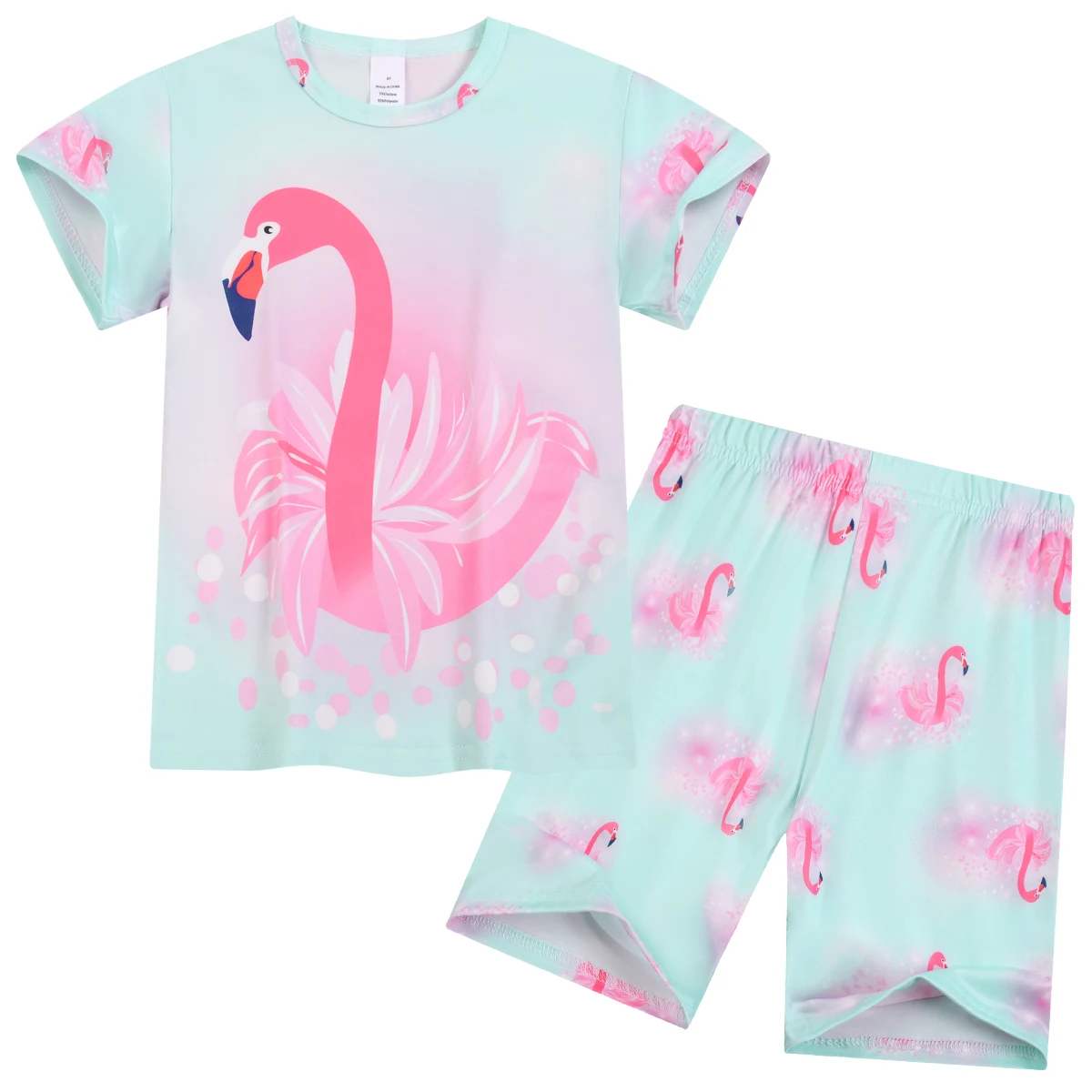 1615 Conjunto de ropa para el hogar de manga corta y pantalones cortos para niñas Swan Digital 3D ignífugo, adecuado para niñas de 3 a 8 años