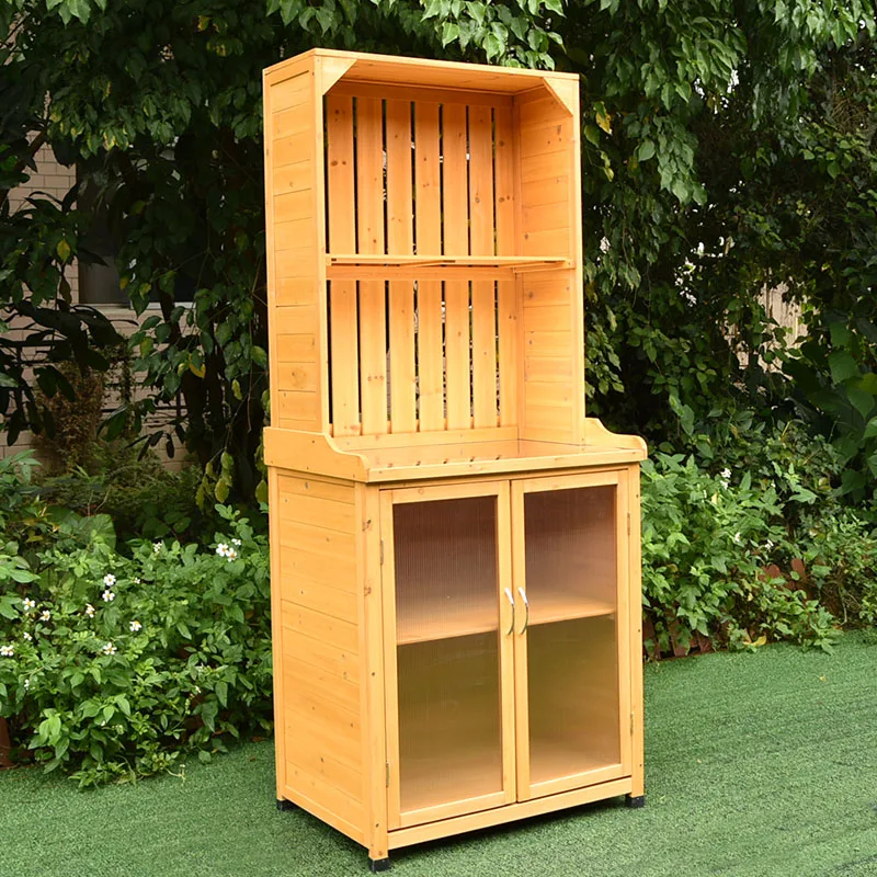 Garden Workbench Wooden Patio Workstation With Storage Shelves and Side Hook Exterior Potting Bench Work Table with Cabinet