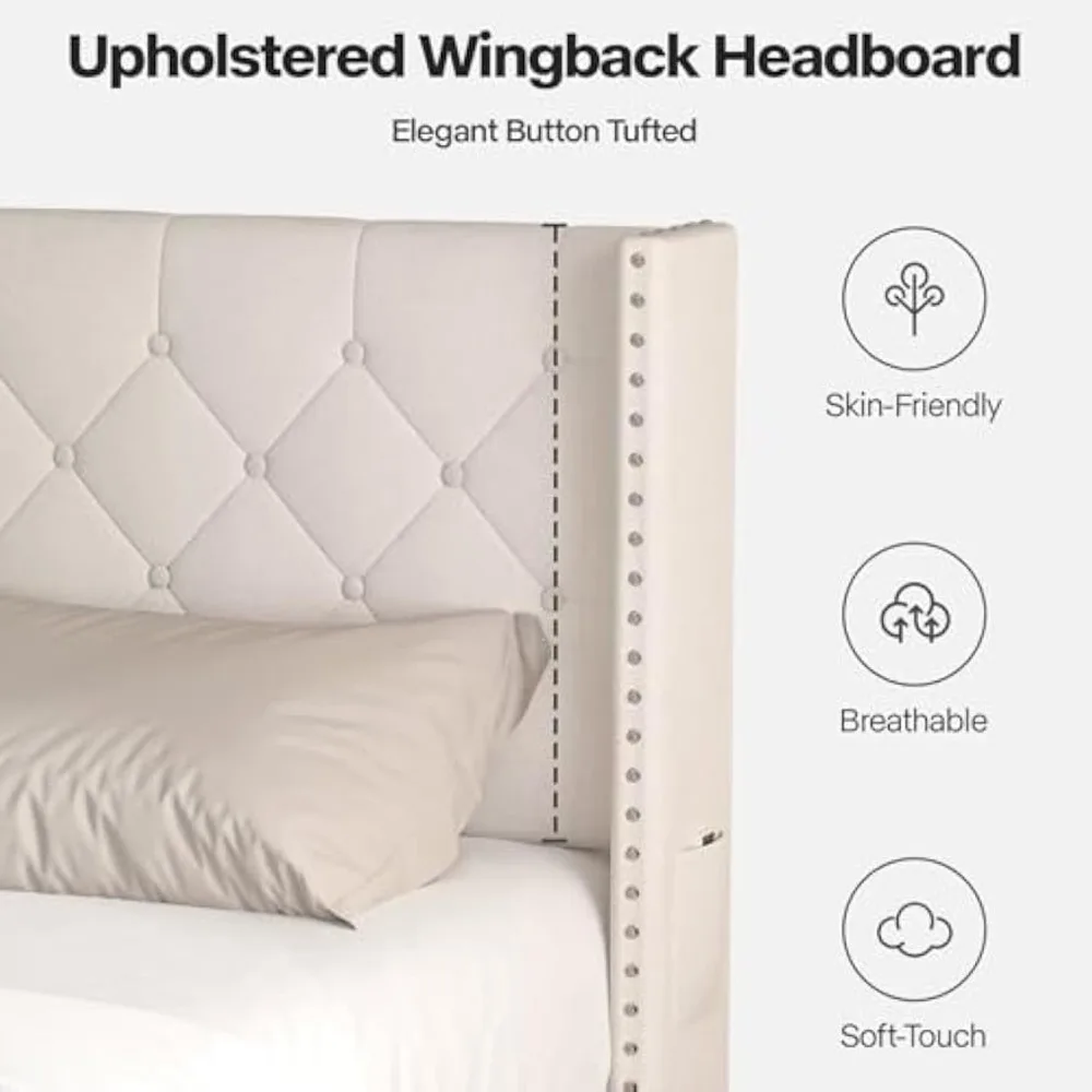 Rama łóżka pełnowymiarowego z oświetleniem LED, tapicerowana aksamitna rama łóżka platformowego z zagłówkiem i podnóżkiem z pikowanym, guzikami wykończeniem i klapami bocznymi.