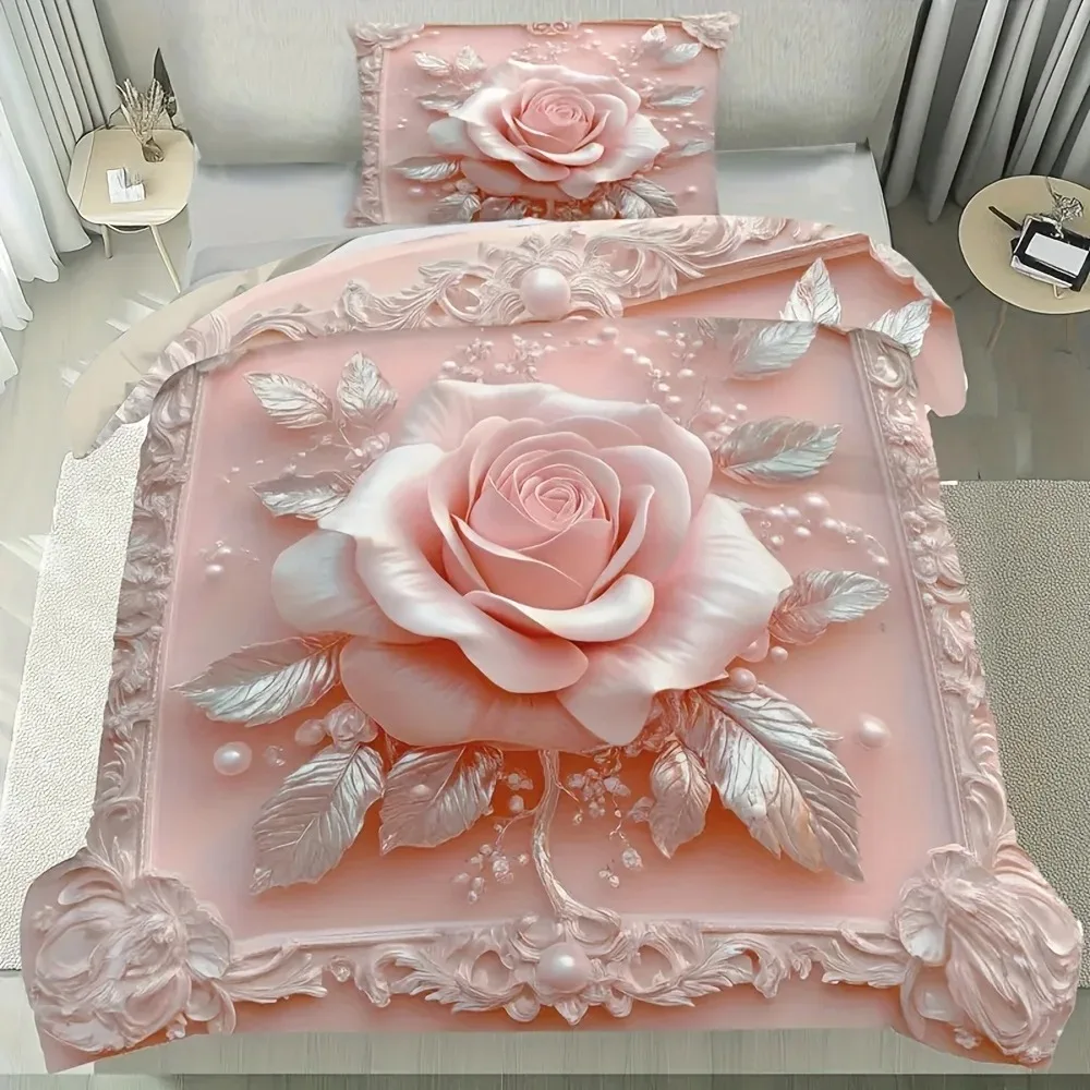 3pcs Pink Bedding Set Girl Wind Flower 3D Print Cozy Duvet Cover King Queen Twin Size Birthday Gift for Adult Bedroom Decoration