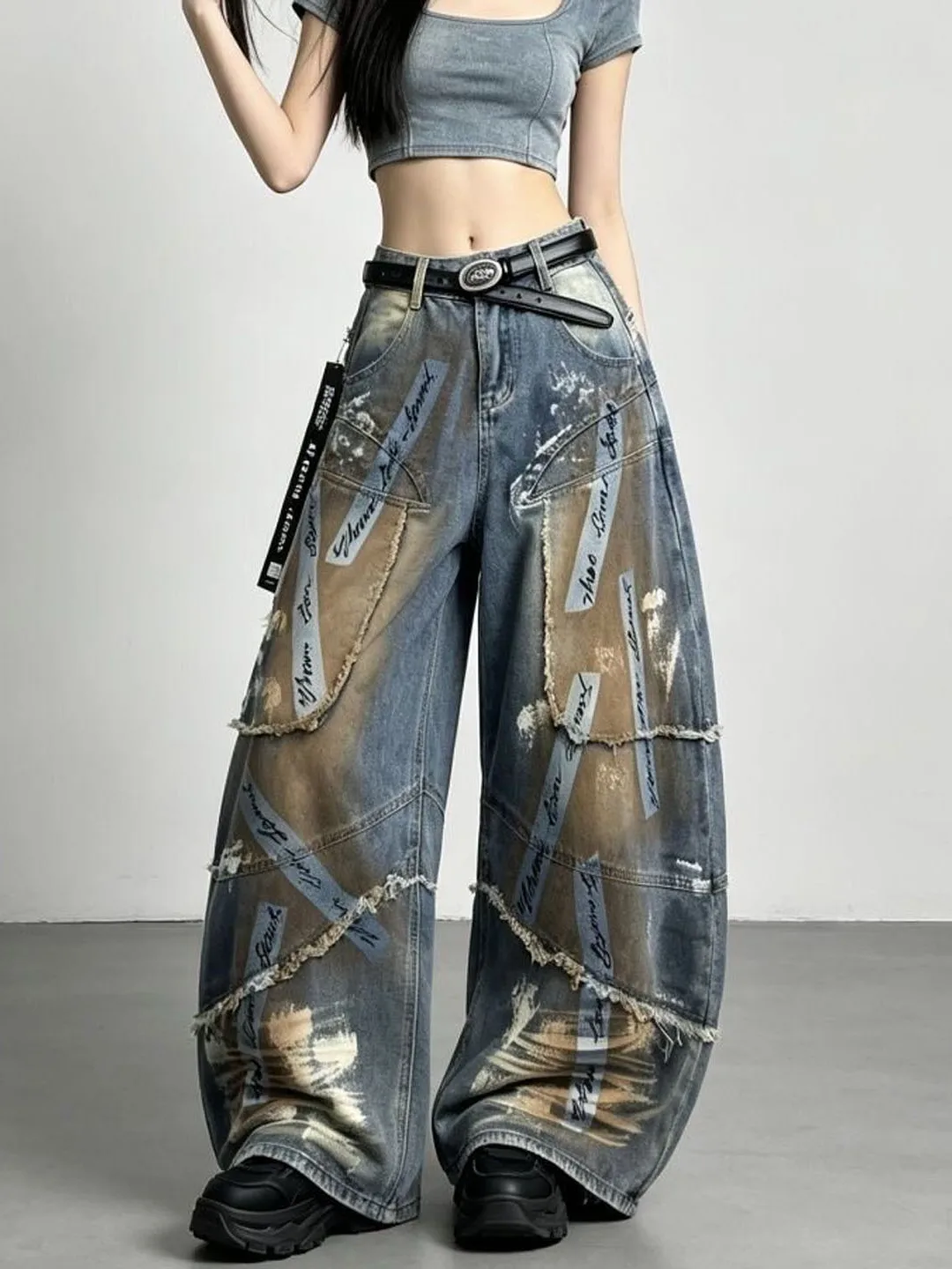 Heavy Duty Knife Design Wide Leg Jeans Graffiti Hand Drawing Post Apocalyptic Style High Waist Commute Style Blue Denim Pants