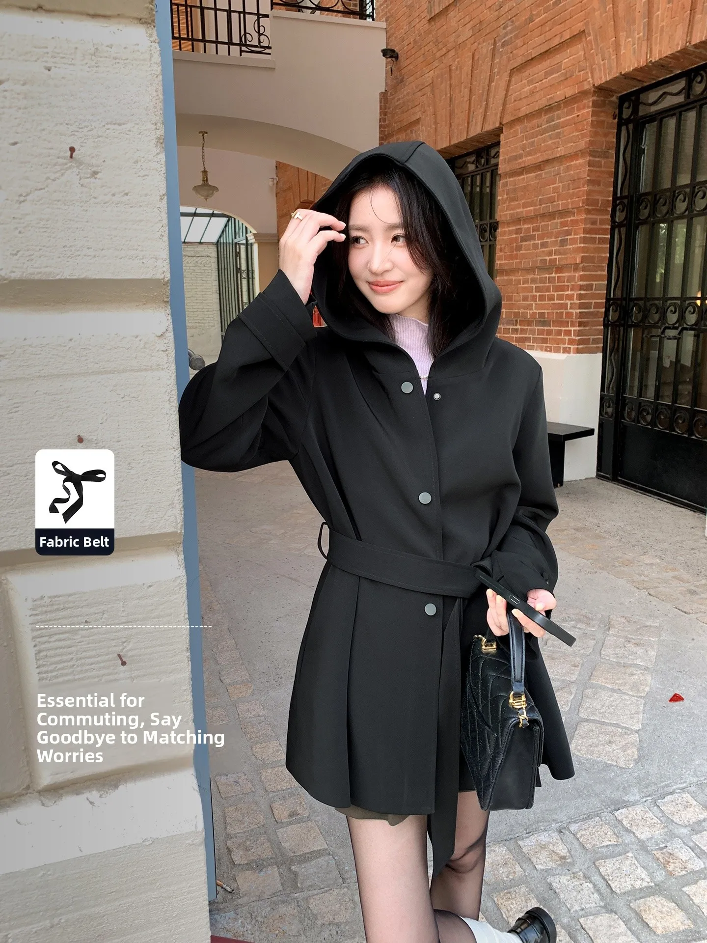 

Корейское длинное пальто с поясом для женщин, свободная посадка средней длины, утягивающее платье с капюшоном, осеннее новое пальто из полиэфирного волокна