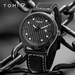 TOMI Minimalist Business Men's Quartz Watch Vintage Vertical Stripe Calendar Round dial Men's Black Belt Watch Clock Gift Reloj