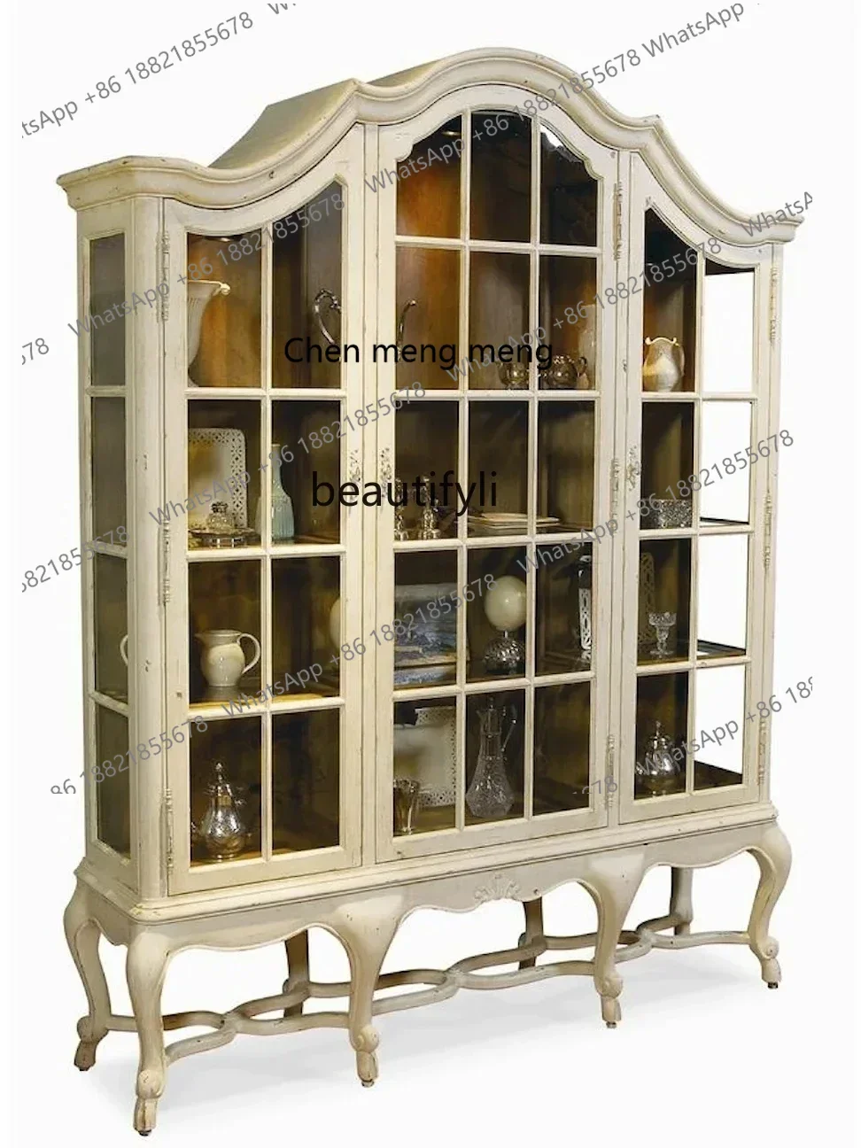 

X American French solid wood curved glass living room decorative cabinet retro display, carved carved bookcase