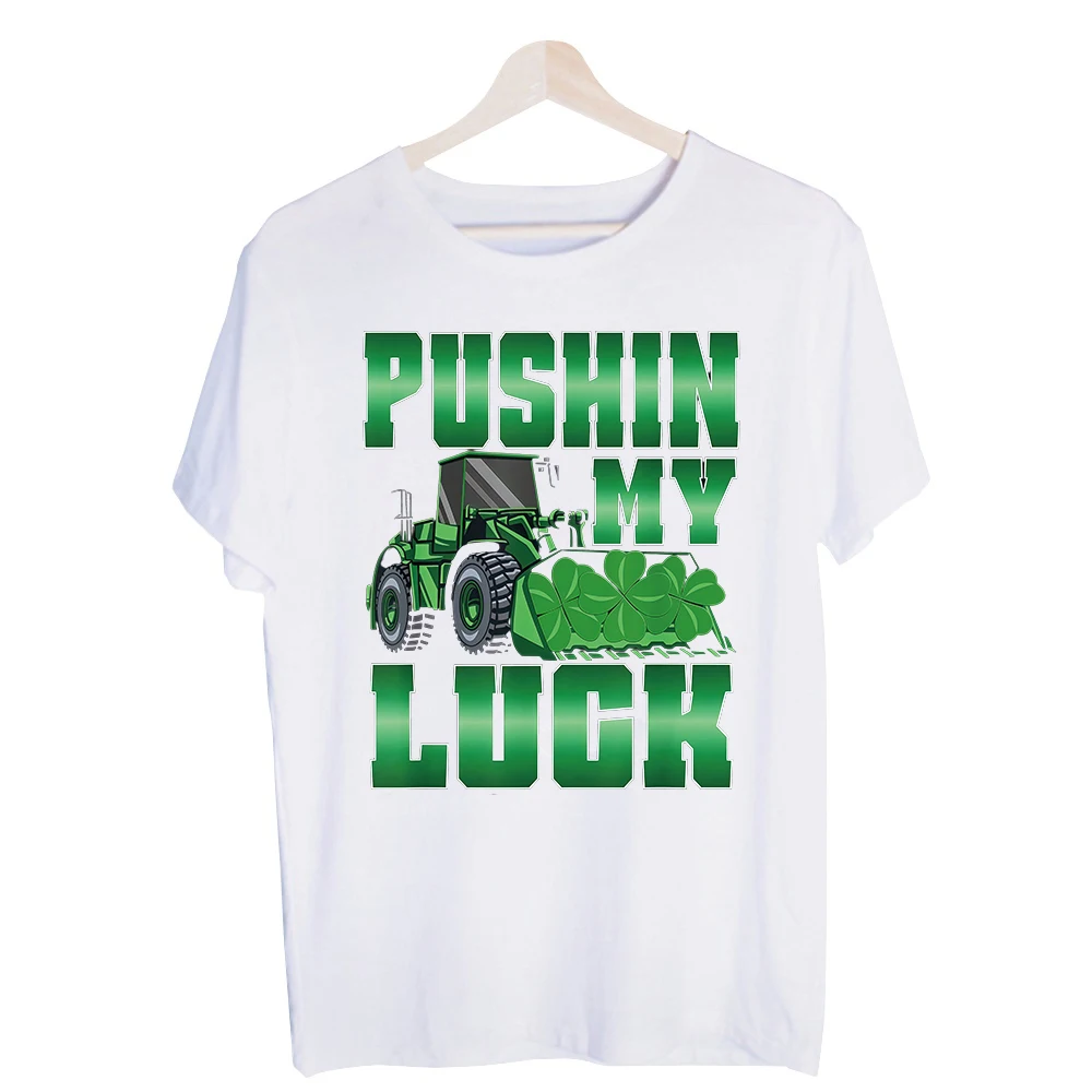 Men's Bulldozer and Shamrock Slogan Graphic Tee, Short Sleeve Crew Neck T-Shirt for St. Patrick's Day Casual Wear