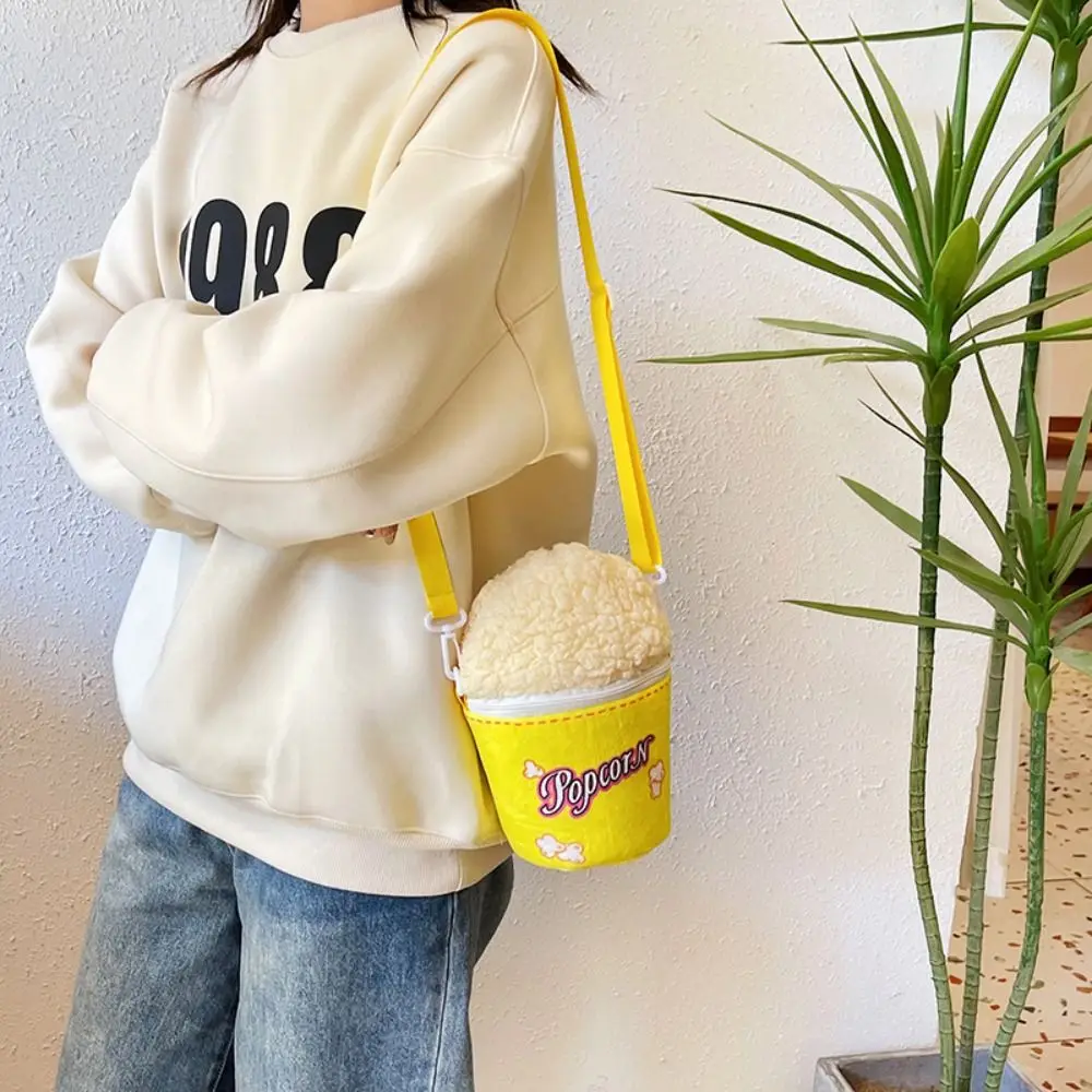 Personality Cartoon Popcorn Shoulder Bag Adjustable Strap Soft Popcorn Crossbody Bag Funny Plush Creative Bucket Bag Travel