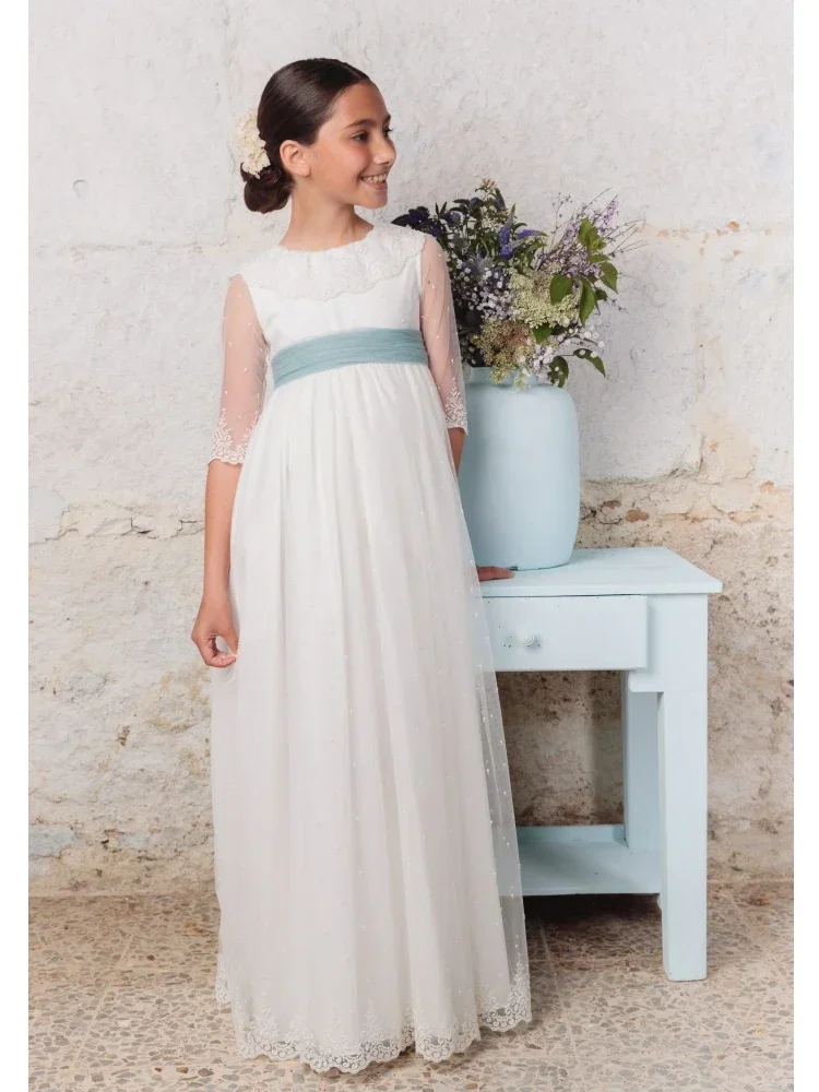 فساتين فتاة الزهور مزينة بالدانتيل الأبيض مع شريط فيونكة نصف كم لحفلات الزفاف وأعياد الميلاد وحفلات الأميرة