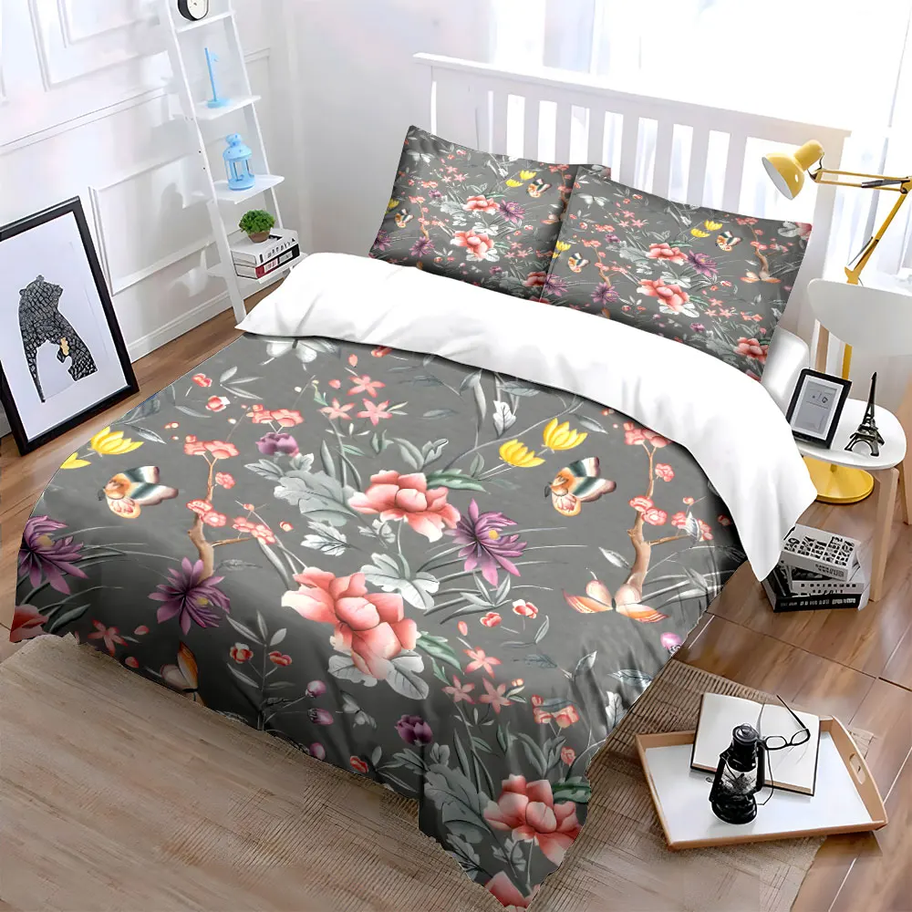

Watercolor Floral & Butterfly Bedding Set 3PCS Grey Background Print Duvet Cover with Pillowcases Soft Pastel Style Bed Linen