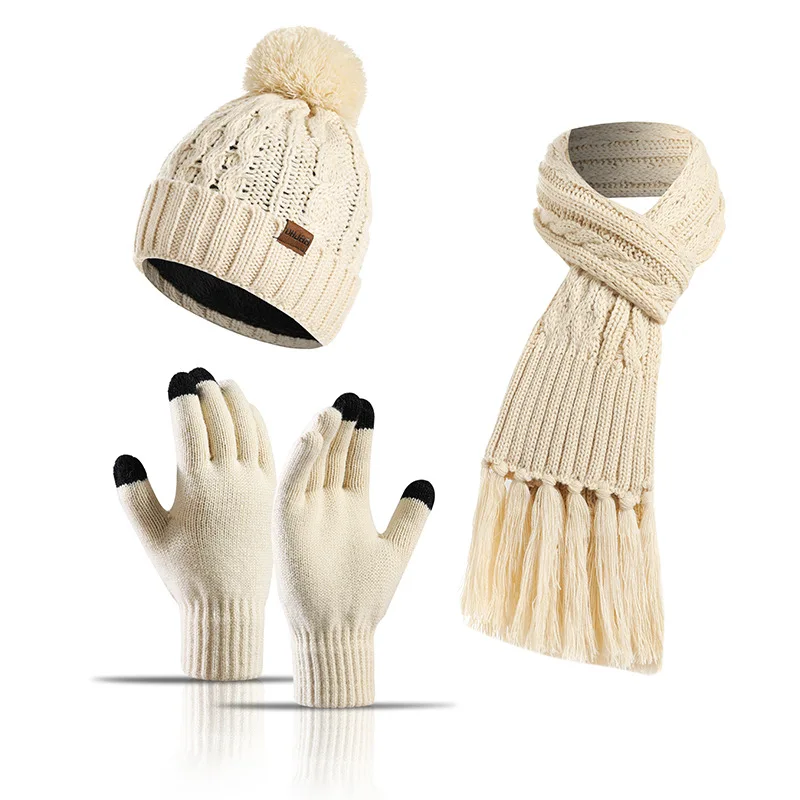 Frauen Winter warm halten Set Fleece Futter Mütze Tele finger Handschuhe verdicken Schal Wollgarn gestrickt Schall dämpfer Hut Halstuch