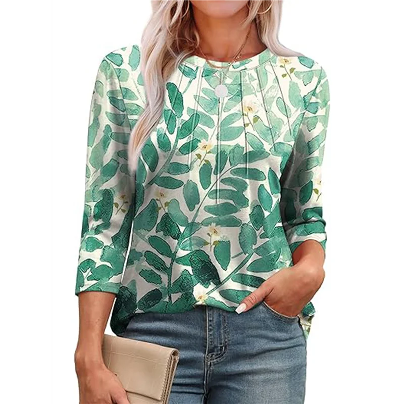 

3/4 Length Sleeve Womens Tops Round Neck Casual Tunic Tops Basic Pleated Shirts Loose Fit 2025