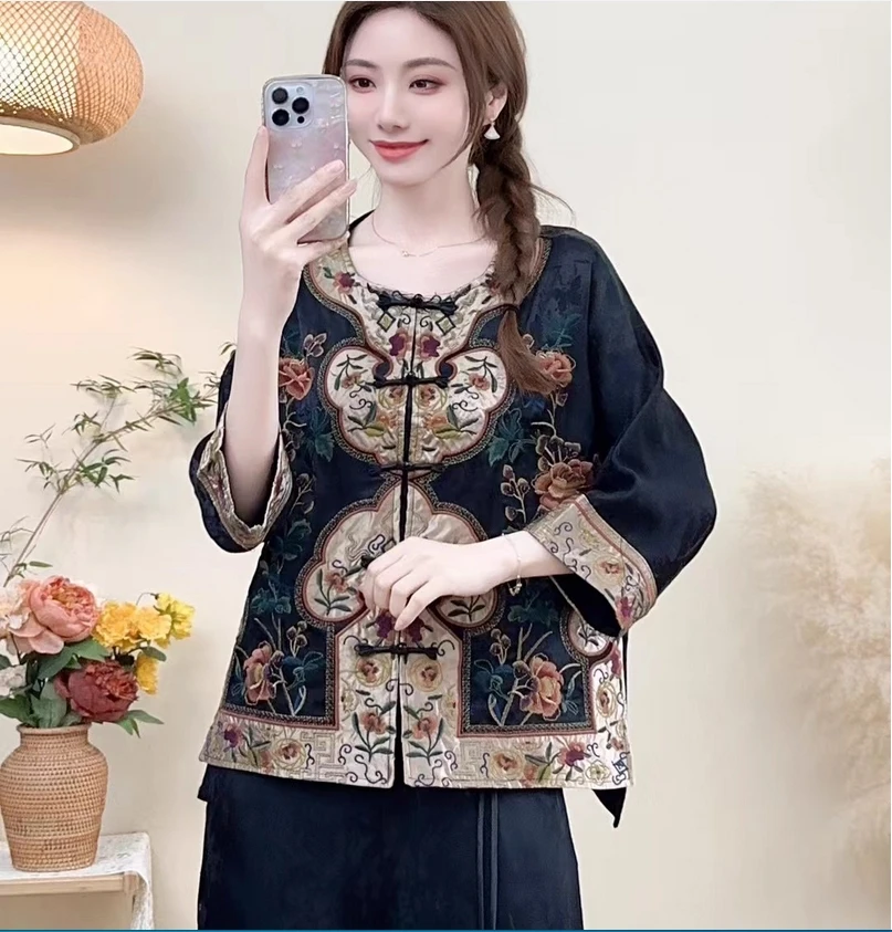 نمط جديد على الطراز الصيني التطريز الثقيلة خمر سهلة مطابقة سترة فضفاضة الأدبية والفنية خمر النمط العرقي #1