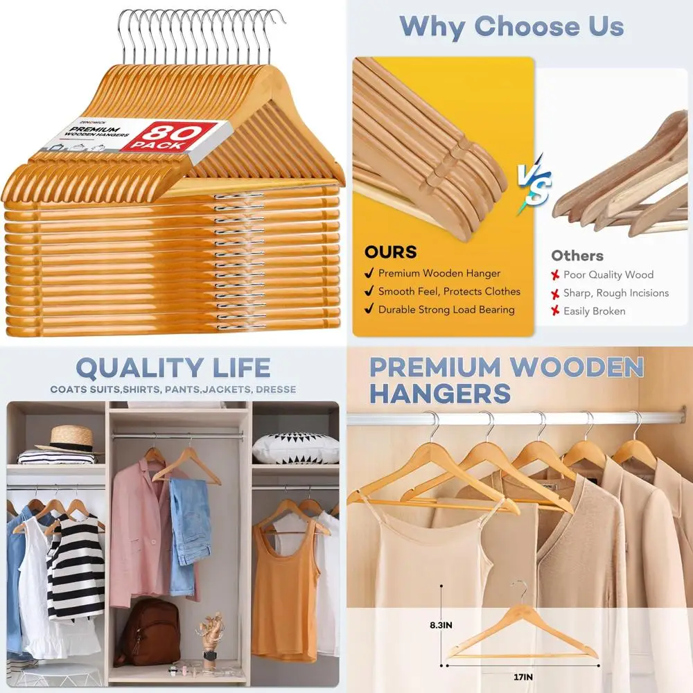 

Premium Wooden Hangers Set of 80, Perfect for Hanging Coats, Suits, Jackets, and Pants, Durable 360-Degree Rotating Hangers for
