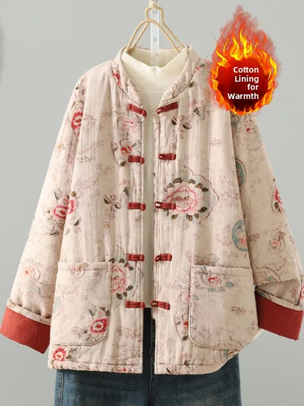 

Retro Chinese Sle Printed Cotton Linen Jaet Warm Filling Stand Collar Double ket Thiened Long Sve Women's Top