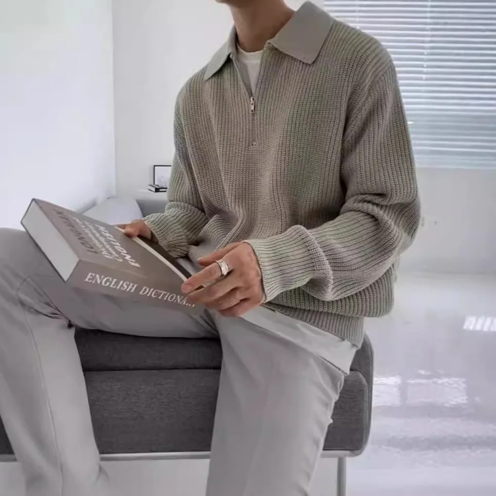 Mens Polo Collar Knit Sweater Oversized Half Zip Pullover Casual Lazy Style High Quality Warm Winter Clothing