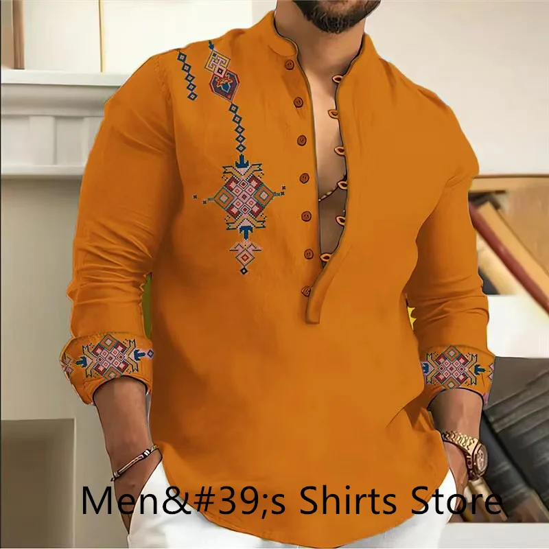 2024 Men\'s Hawaiian Shirt Long Sleeve Oversized V Neck 3D Vintage Shirt High Quality Four Seasons Large Size Clothing Multicolor