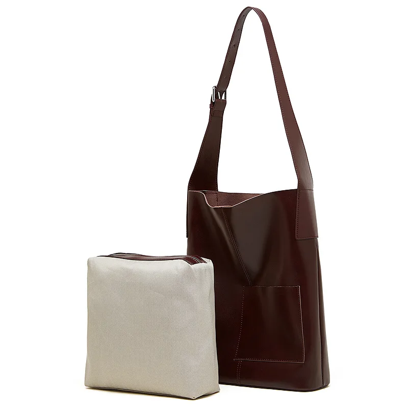 

Genuine Leather Large-capacity Bucket Bag Cowhide Leather Women's Single-shoulder Bag Cowhide Tote Adjustable Shoulder Strap