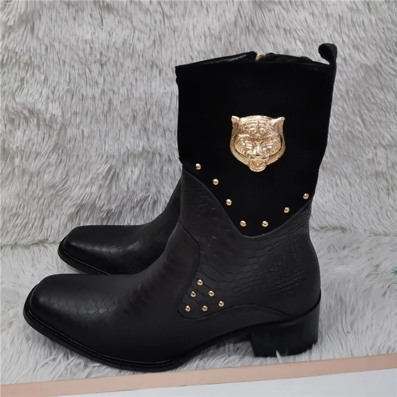 

Black Genuine Leather Metal Rivets Decor Mid Calf Boots Men Winter New Fashion Square Toe Hick Heel Motorcycle Boots