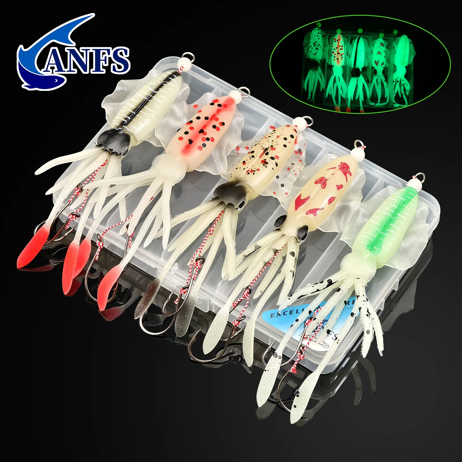 ANFS 1pc/5pcs Bionic Squid Soft Lures - Artificial Sea Fishing Tackle Glow in the dark - Catching Various Fish Species