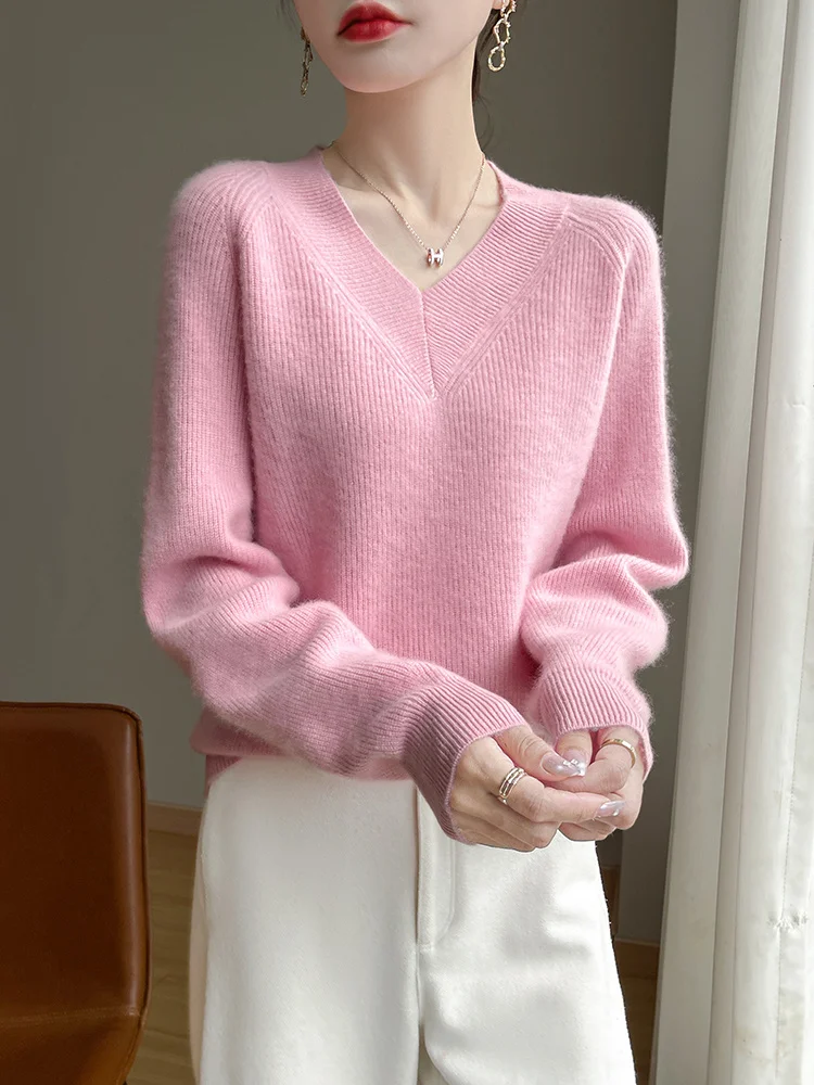 Grundlegende Herbst Winter Frau Pullover Elegante Weibliche 100% Merino Wolle Strickwaren V-ausschnitt Pullover Dicke Dame Langarm Kleidung Tops