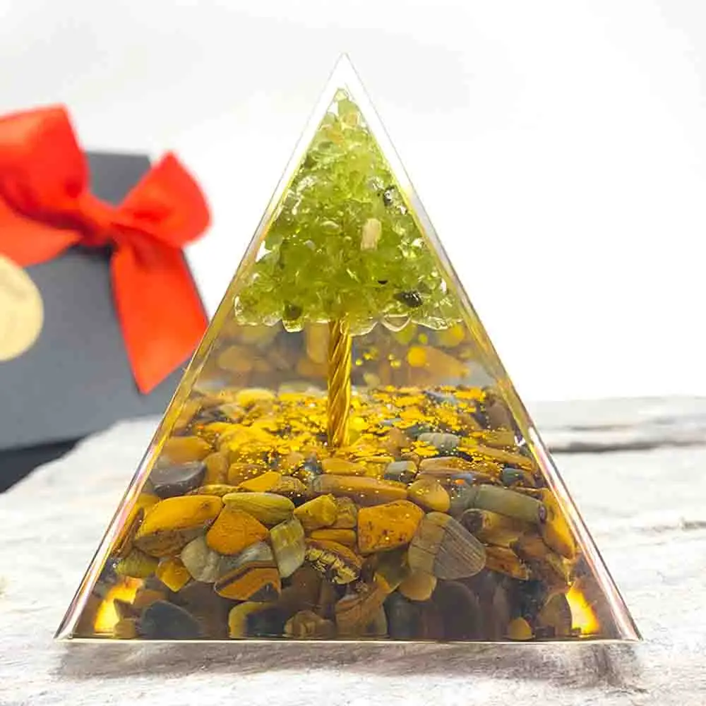 Orgone Pyramid Yellow Tiger stone Tree Of life Healing Crystal Energy Orgonite Pyramide Emf Protection Meditation Tool Quartz