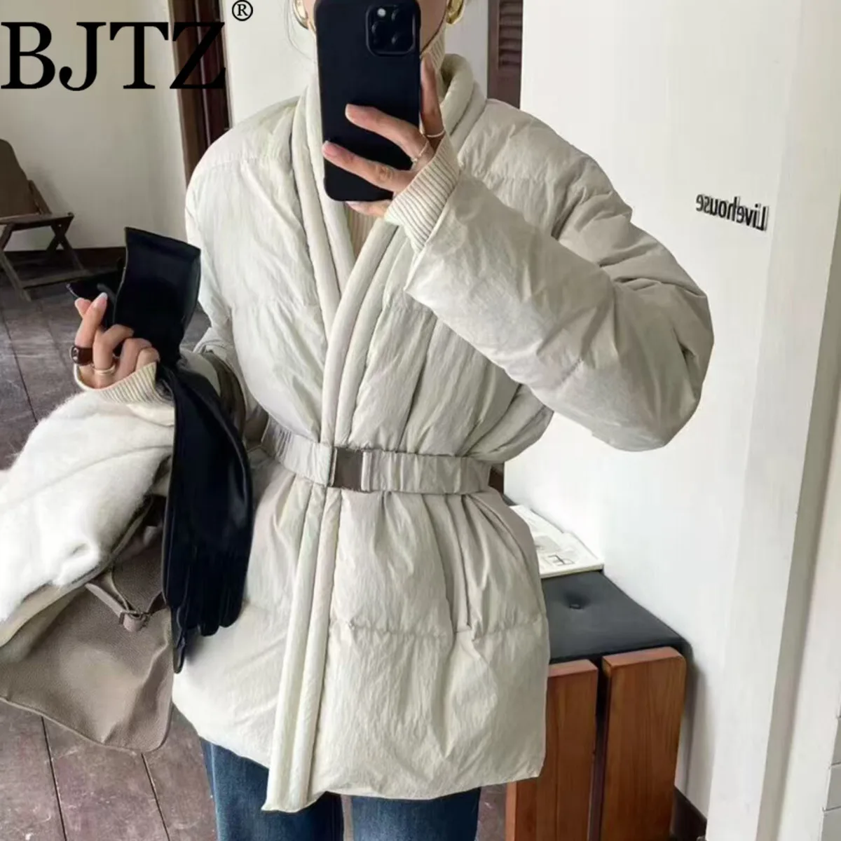 

BJTZ Winter Women’s Fleece Lined Jacket Warm Thickened V-neck Loose Trench Coat Belted Waist Elegant Casual Stylish Outerwear