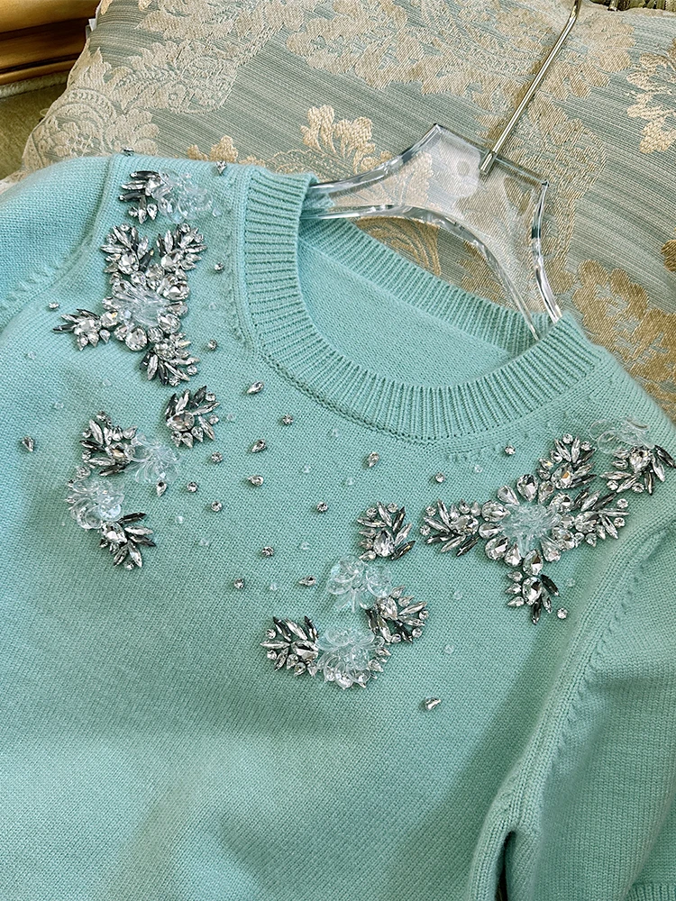 Fashion 2024 Early Spring Short-Sleeve Sweaters Fashion Rhinestone Flower Emboridered Girl's Knitted Tops Pullover Knitwears