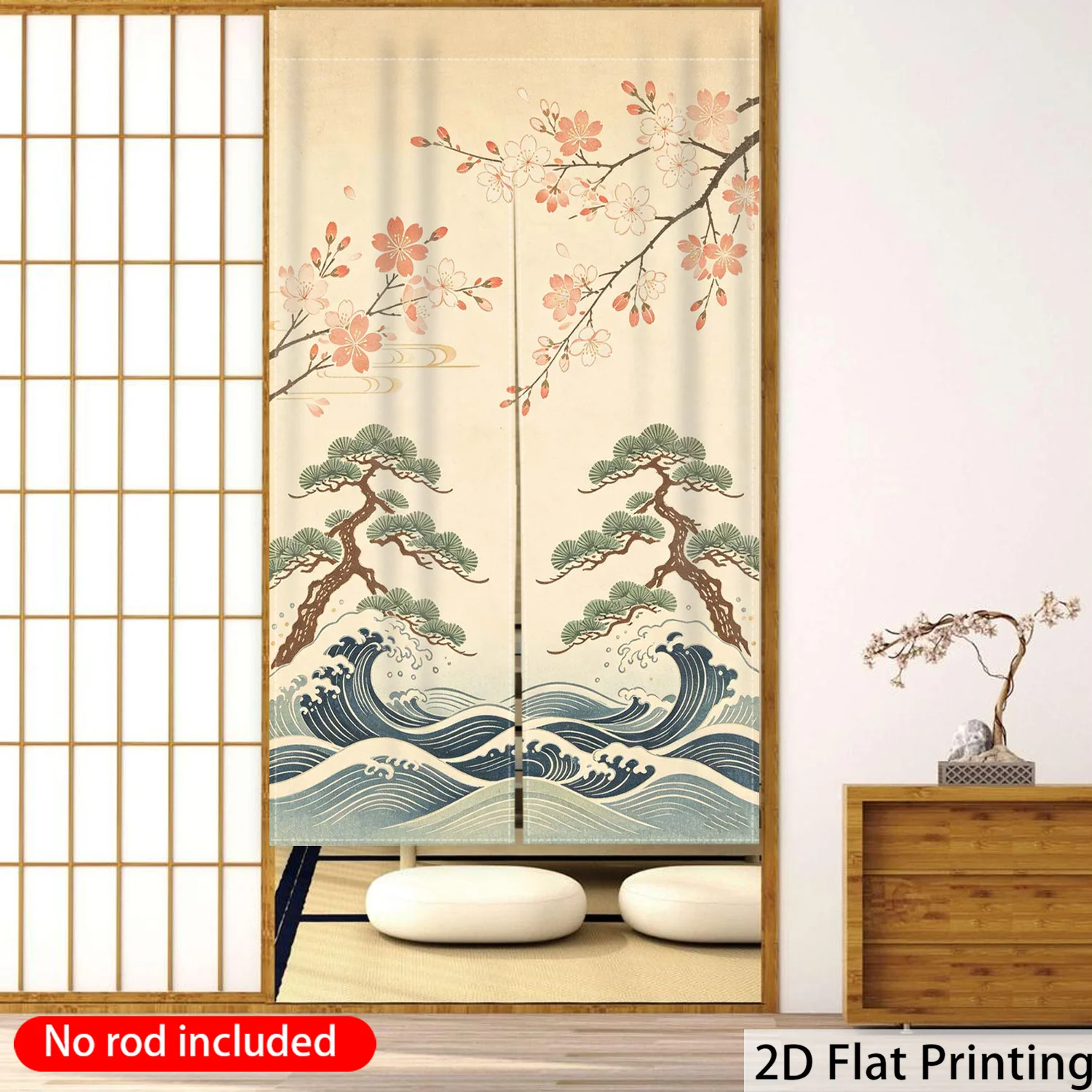 Modern Japanese Water Ripple Wave Door Curtain - 2D Flat Print Rod Pocket Room Divider Partition Drape for Bedroom Decor