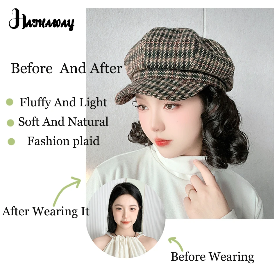 Synthetic Hat Wig Women's Fashion Retro Houndstooth Octagonal Hat Lazy Short Curly Hair One-piece Bailey Wig Hat In Autumn And W