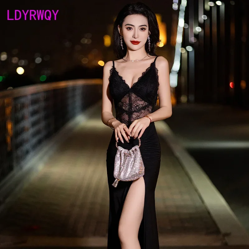 banquet, evening gown, long dress, temperament, perspective, sexy dress, waist cinching, slimming effect, nightclub women