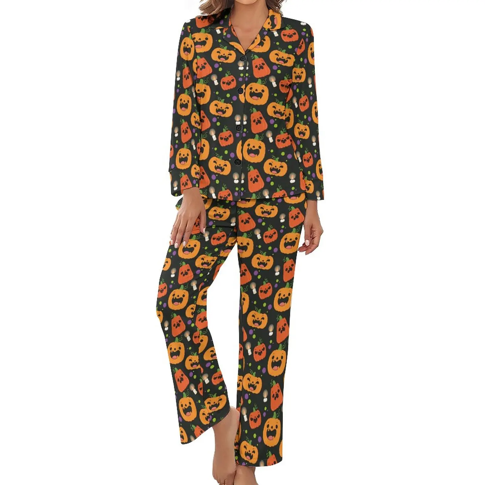 Cute Pumpkin Pajamas Long-Sleeve Spooky Halloween 2 Pieces Casual Pajamas Set Daily Woman V Neck Retro Sleepwear