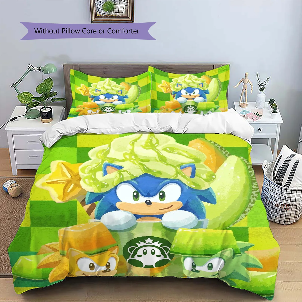 Hedgehog Sonic Patterned Pillowcase & Duvet Cover Set Home Cozy Anime Themed Bedding Bedroom Decor Fan Gift.-TING
