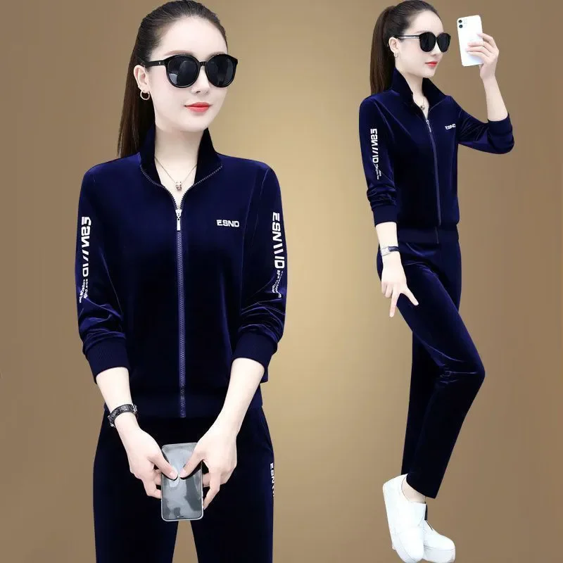 Gold Velvet Sports Suit Women's Spring Autumn New 2025 High-End Collar Medium Loose Chic Casual Sportswear Two-Piece Set