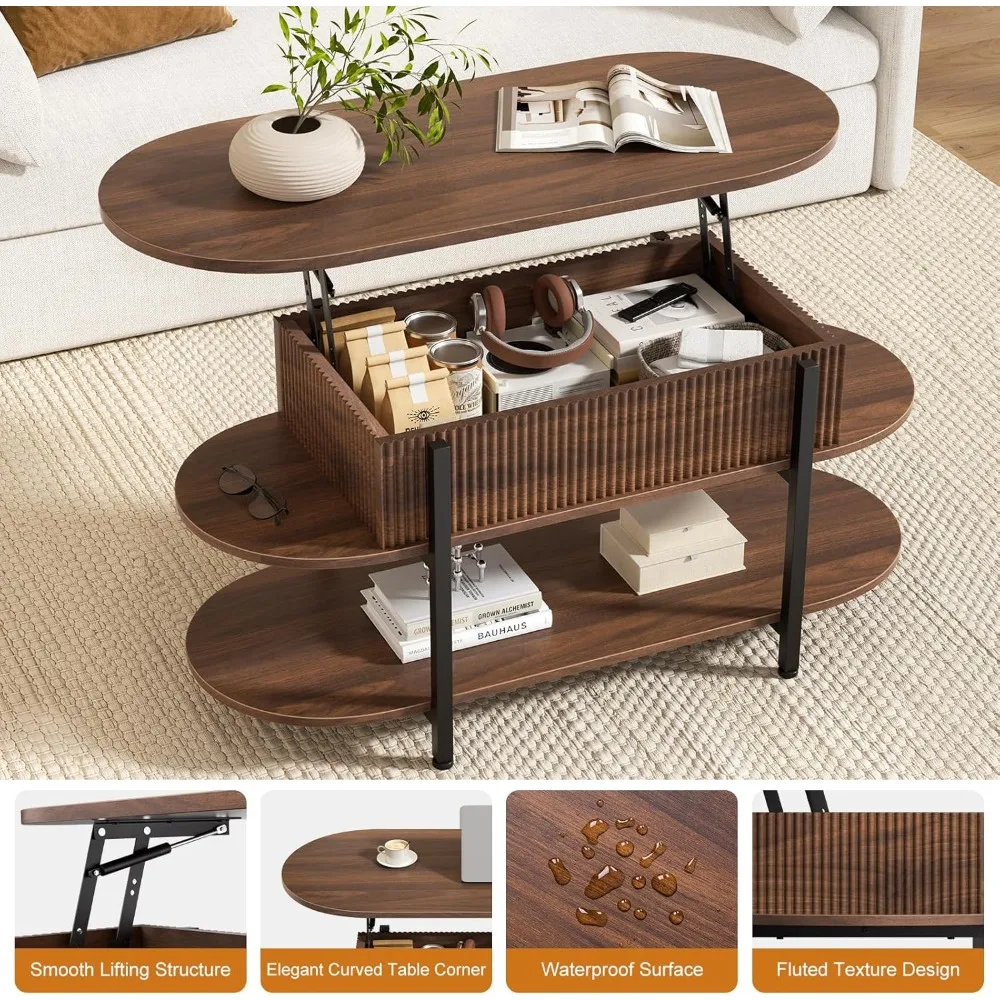 طاولة قهوة بيضاوية قابلة للرفع مقاس 41.7، طاولة مركزية خشبية مخفية مع مساحة تخزين مخفية، طاولات مستطيلة من 3 طبقات مع حافة منحنية، مود