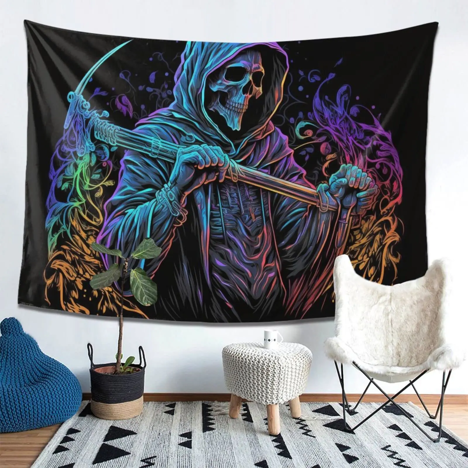 Colorful Skull Tapestry Death Scythe Tapestries Gothic Skeleton Tapestry Aesthetics Wall Hanging for Bedroom Living Room Dorm