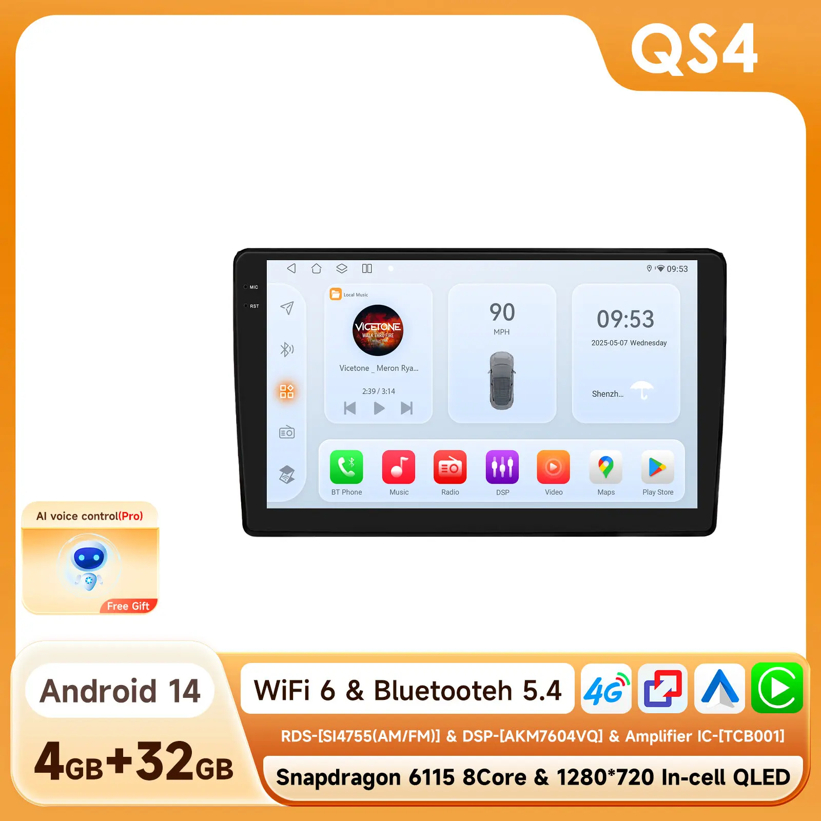 9'' 4G-LTE Carplay Android Auto 6115 Scherm Autoradio Multimedia Speler voor Audi A4 B6 B7 S4 RS4 2000-2009 Autoradio Stereo RDS