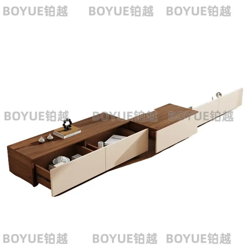 for New Medieval Style Pull-out TV Cabinet Coffee Table Combination Walnut Living Room Home Floor Hidden Socket Cabinet