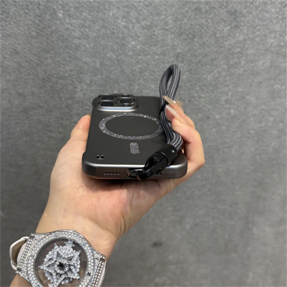 بريق ل Magsafe مع الحبل فرملس جراب هاتف آيفون 15 16 برو 14 13 12 11 X XR XS ماكس معدن اللون رقيقة درع غطاء