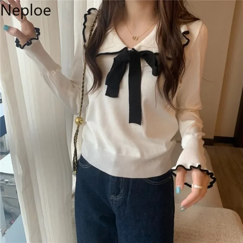 Neploe Knit Sweater Korean Clothes Peter Pan Collar Bandage Sweaters For Women Ruffles Long Sleeve Pullover Y2K Jumper Female