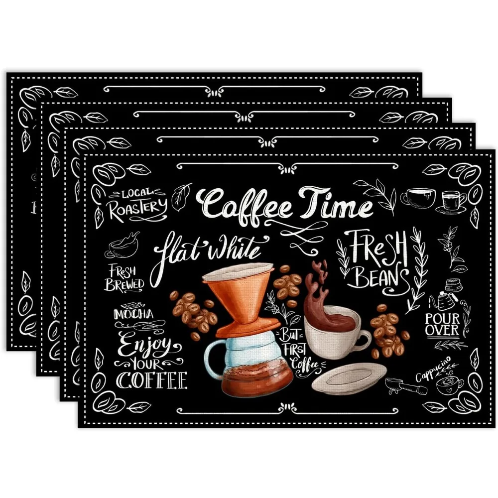 Kaffeezeit Tischsets Retro Schwarz Tasse Kaffeebohne Latte Tee Party Moderne Café Tischmatten für Party Küche Esszimmer Dekoration