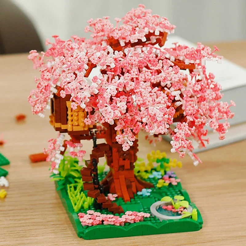 LHCX 605 World Architecture Cherry Blossom Tree House Sakura Flower Garden Grass Mini Diamond Blocks Bricks Building Toy No Box