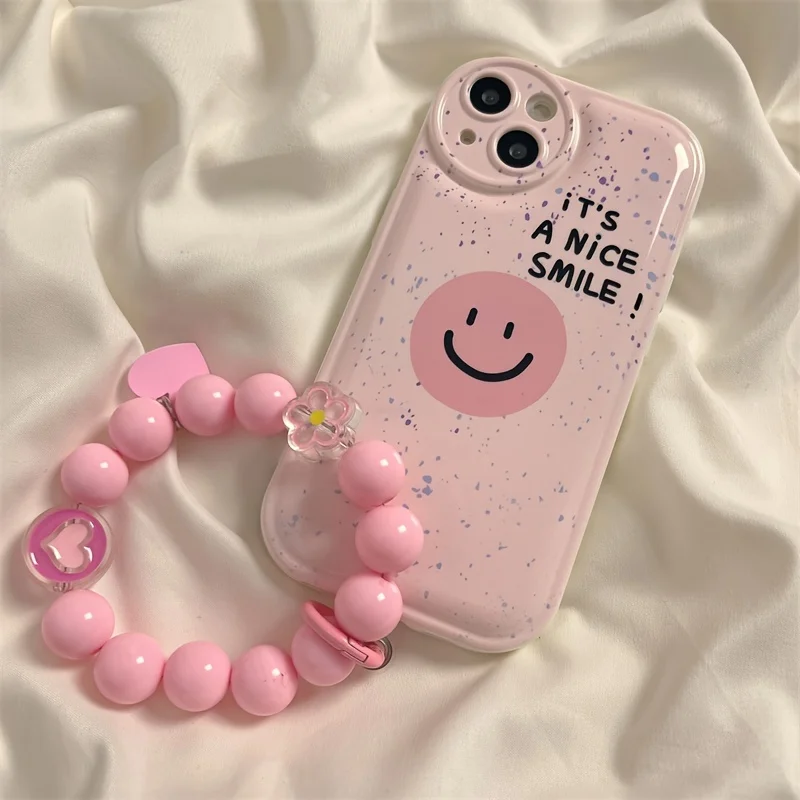 Pink Spotted Smiley Face Phone Case For iPhone 14 Plus 7 8 X XS XR 11 12 13 Pro Max Silicone Cases Cover With chain