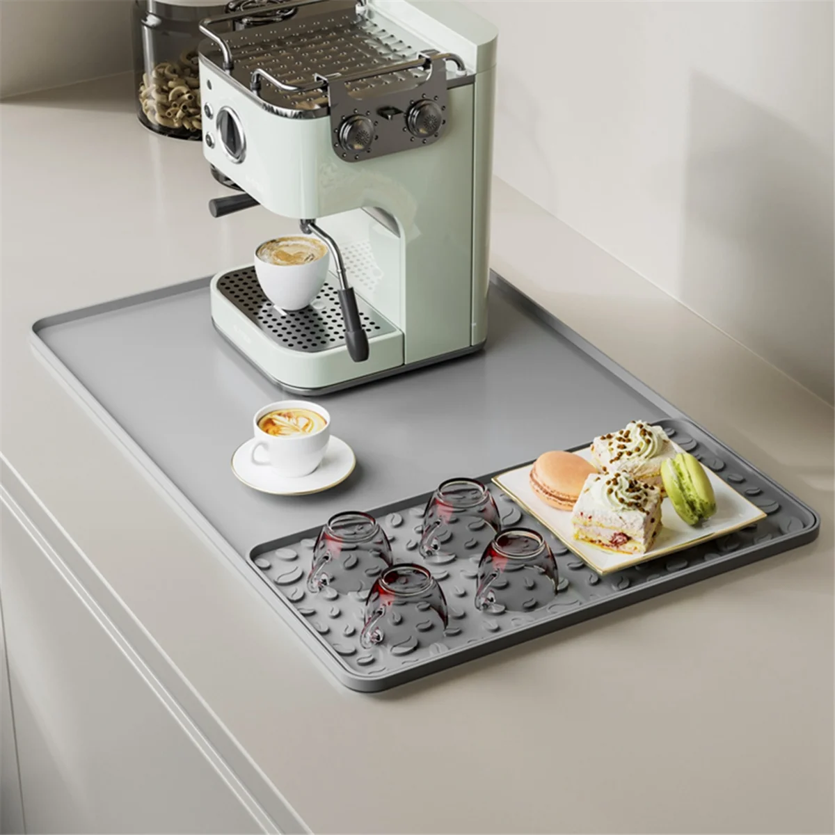 

Silicone Coffee Mat 15.75x23.6Inch Coffee Bar Mat with Detachable Dish Drying Mat Raised Spill Proof Edges Gray-A70Z