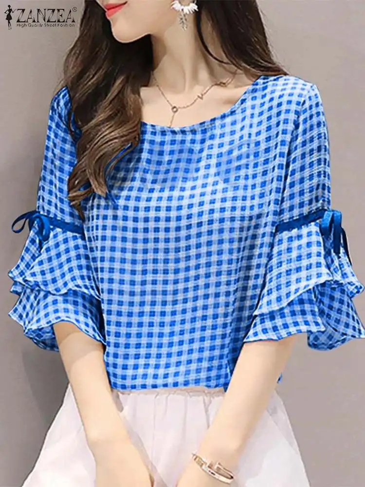 Korean Style Check Tops Women Summer Blouse ZANZEA 2023 Casual Lace-Up Flounce Sleeve Blusas Female O Neck Tunic Oversized Shirt