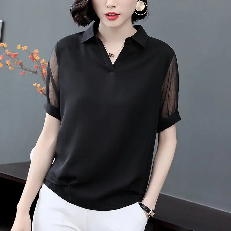 Women's T-shirt Summer Short Sleeve Loose Turn-down Collar Hollow Out Button Gauze Chiffon Tees Elegant Fashion Plus Size Tops