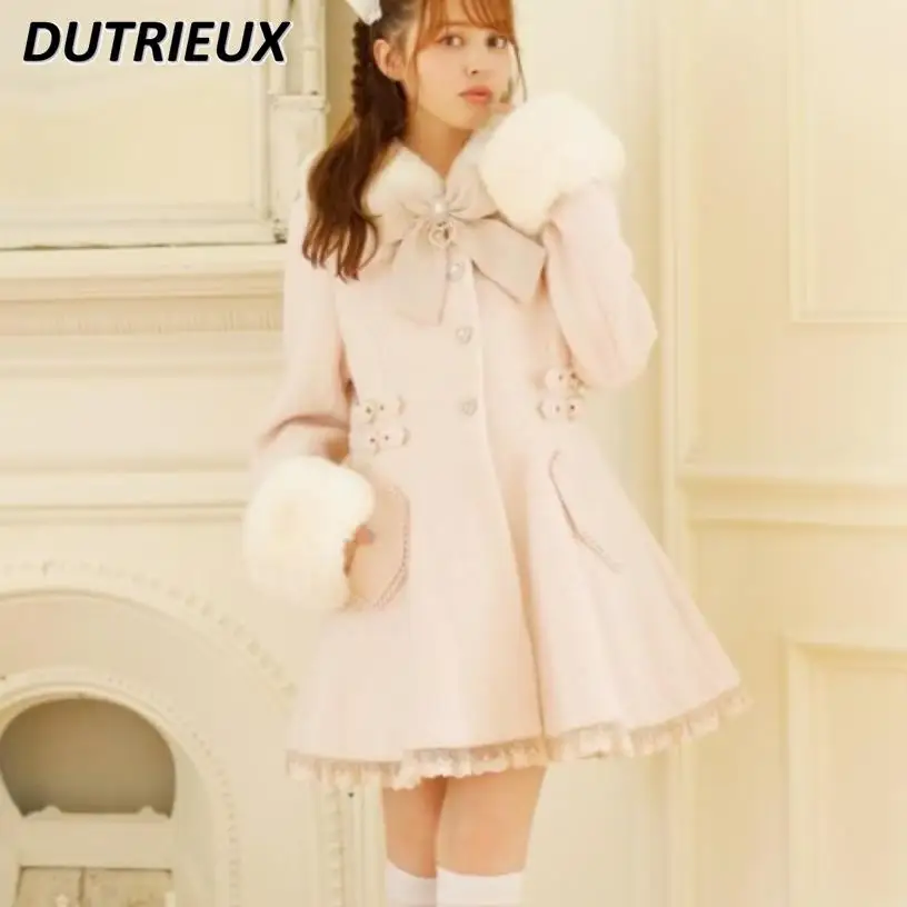 Japanese Autumn Winter New Fur Collar Removable Mass-produced Bow Woolen Coat Sweet Cute Waist Long Sleeve Mid-length Jacket