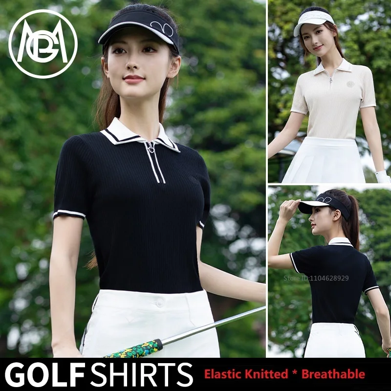 PGM Golf Women Short Sleeved Polo Shirt Knitted Breathable Slim Tops Ladies Zipper Collar Elegant Golf T-shirts Sportswear