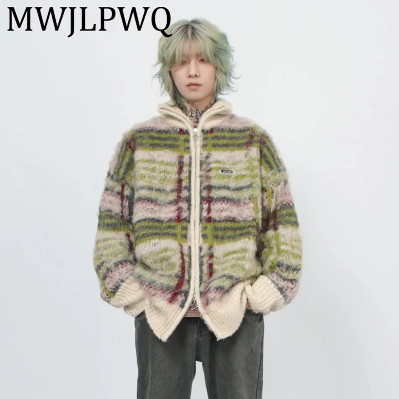 

MWJLPWQ American Striped Stand Collar Zipper Cardigan Jacket For Men Autumn Winter Lazy Style Plush Knitted Sweater Trendy 21083