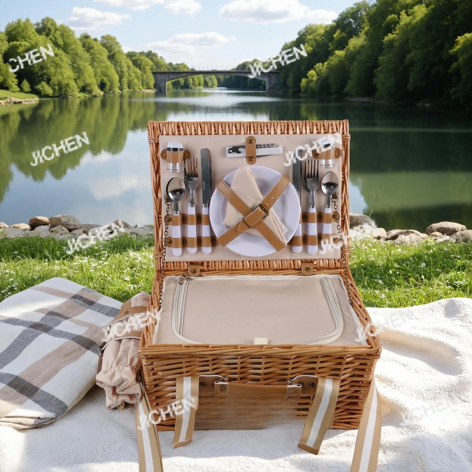 

Плетеная корзина для пикника ручной работы из ротанга, подставка для столовых приборов с погонами