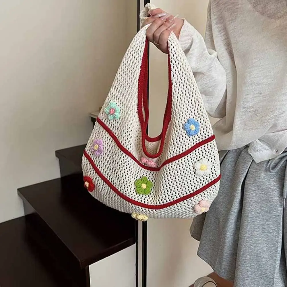

Casual Hollow Out Flower Knitting Bag Beach Handbag Tote Bag Beach Bag Bohemian Style Large Capacity Hollow Shoulder Bag Girls