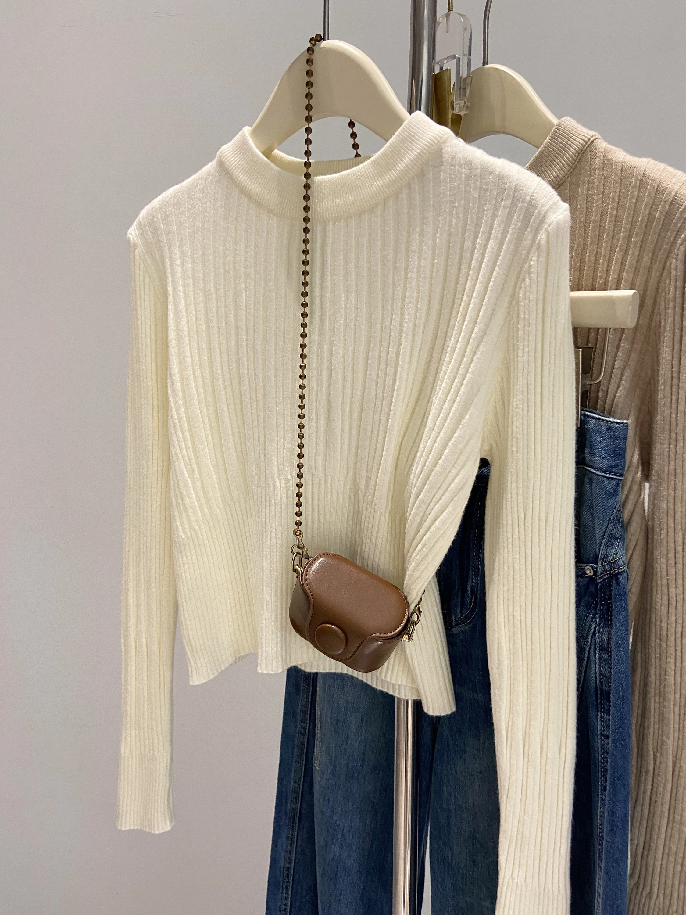 Suéter Corto E de Color Sólido con Cuello Redondo para Mujer, Otoño Invierno, Ajustado a la Cintura, Capa Base, Prenda...